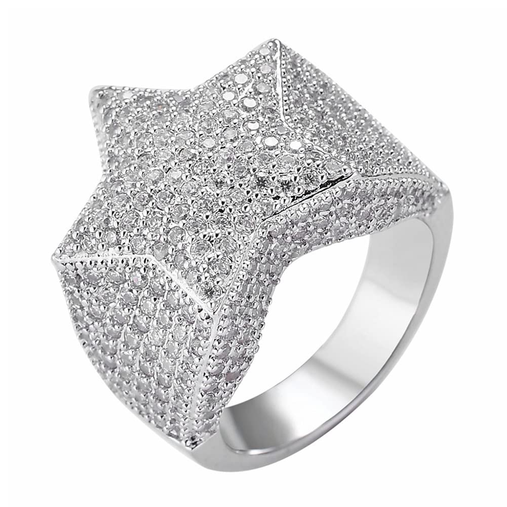 Dfwy Men's Silver Hip Hop Bling Pentagram Zircon Ring - 14K Gold Plated Iced Out Cz Simulated Diamond 3D Star Ring - Handmade Rapper Wo Street Rock Jewelry (Color : Size : 07)