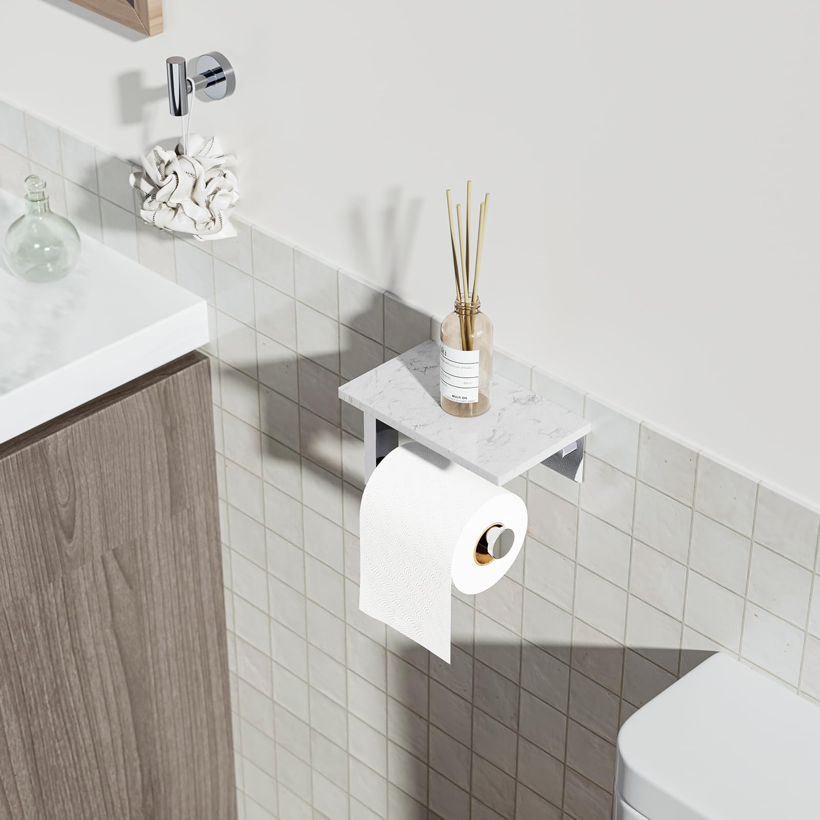 Chrome Toilet Paper Holder with Marble Shelf Tissue Roll Holder — Amazon image 2