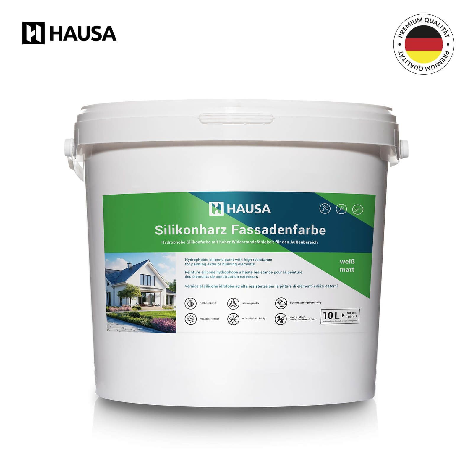 Hausa Silikonharz Fassadenfarbe 10L weiß matt, hochdeckende hydrophobe Außenfarbe mit Abperleffekt für alle Außenputze, Beton, Zement, Mauerwerk, Ziegel, witterungsbeständig atmungsaktiv