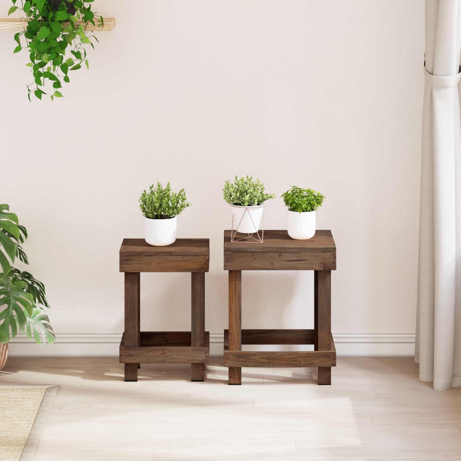 Set di 2 supporti per piante, marrone, 70 x 11 x 27 cm, mogano | Doppio livello, superficie oliata, resistente alle intemperie, per giardino, terrazza, balcone