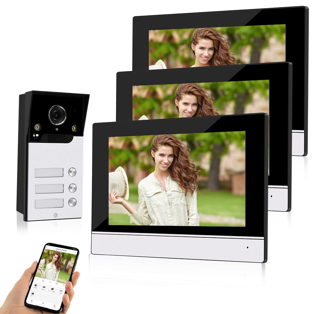 Videoportero WiFi con Cable | 7” Pantalla & App Tuya | Intercomunicador IP65, 1080P, Visión Nocturna, Detección de Movimiento y Grabación(3 Familias)