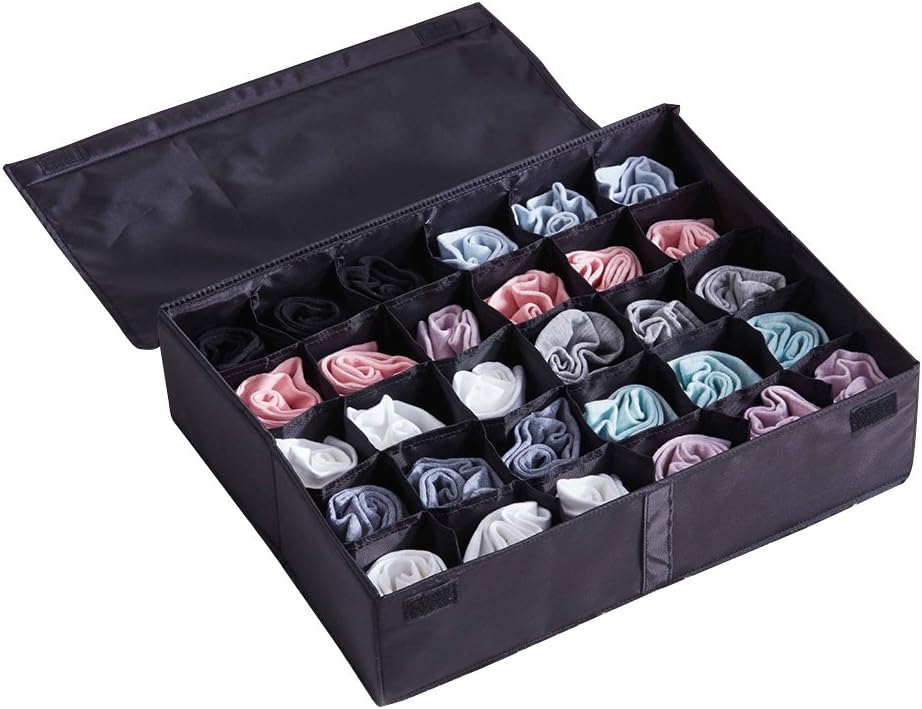 MIFXIN Underwear Socks Storage Organizer Drawer Divider 30 Cell Foldable Closet Drawer Organizer Storage Box Bin for Socks Bras Underwear Ties with Dust/Moisture Proof Cover (Black)