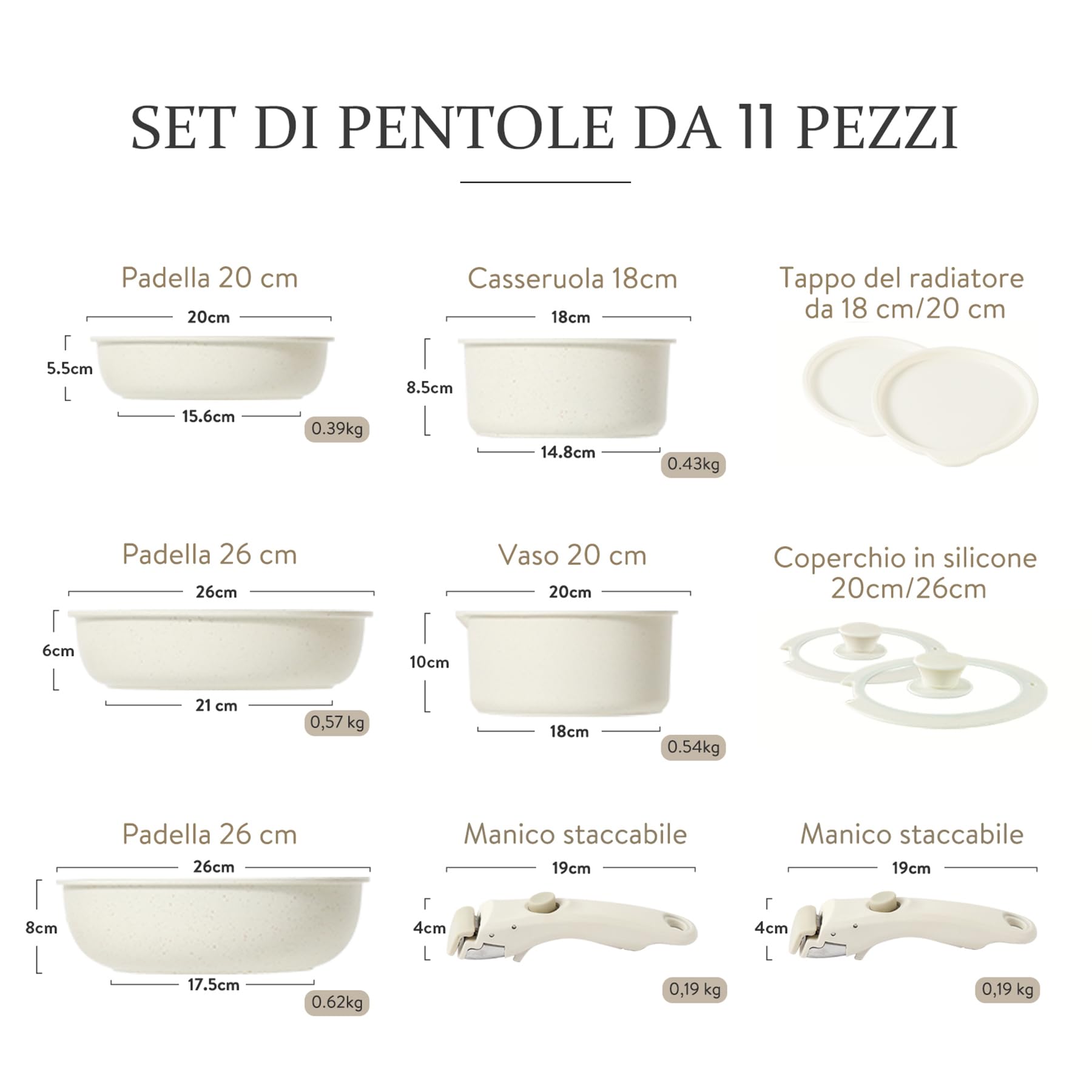CAROTE Essential Batteria di Pentole 11 Pezzi, Manici Amovibili Padella con Casseruola Fonda, Padella, Tegame, Wok, Coperchi, Antiaderenti per Induzione,Lavastoviglie, Gas e Forno