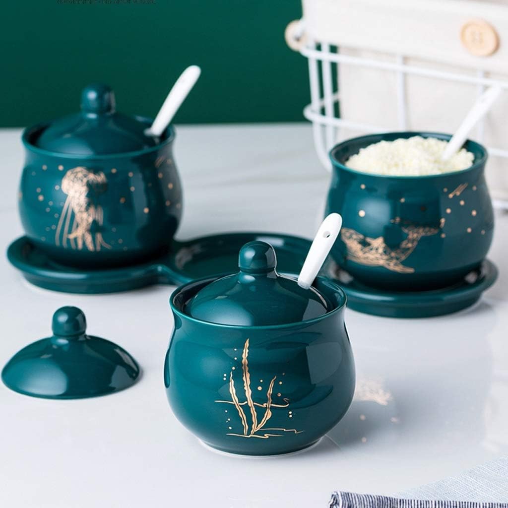 Seasoning Boxes 200 ML (6.8 OZ) Porcelain Condiment Jar Spice Container with Lids Ceramic Serving Spoon and Tray Best Pottery Cruet Pot Storage Jar Set for Your Home, Kitchen, Counter, Set