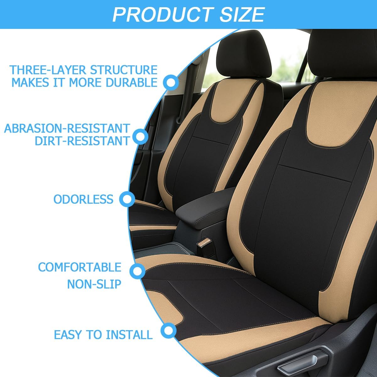 Osilly Car Seat Cover Full Set, Breathable Soft Vehicle Front and Rear Split Bench Protector, Comfortable Auto Interior Seat Protection Cover, Universal for Truck SUV Van Sedan (Beige/Black)