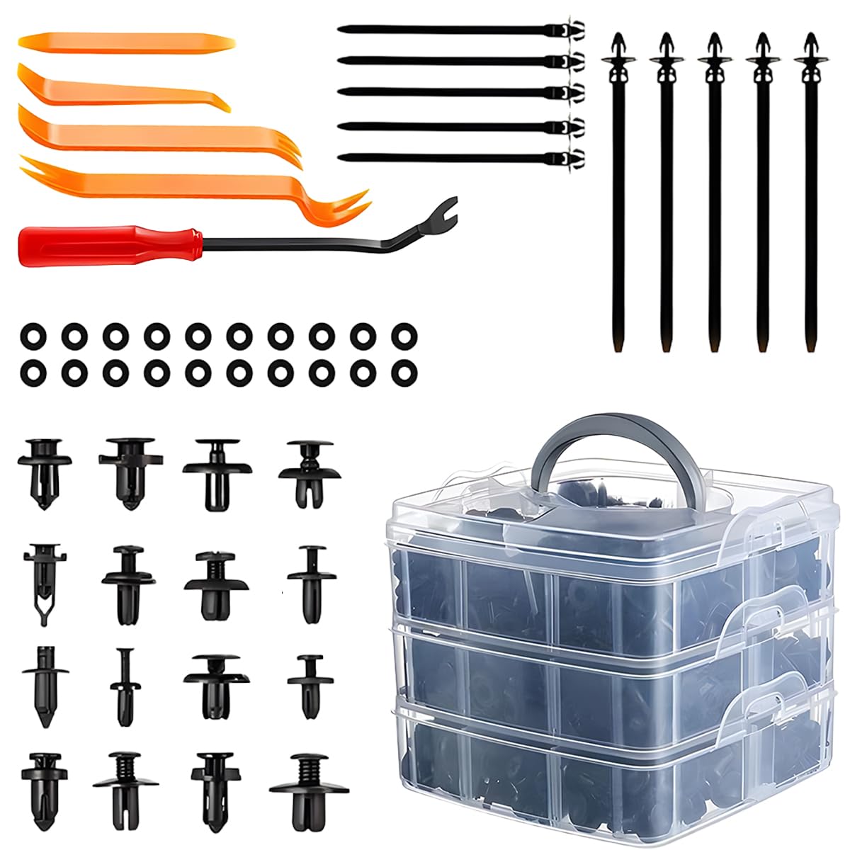 Auto-Halterungsclips und -befestigungs-Set, inklusive 16 Größen Türverkleidungsclip, Stoßstangen/Kotflügelnieten mit Entfernungswerkzeug und 10 Kabelbinder, universelles Auto-Halterungs-Set