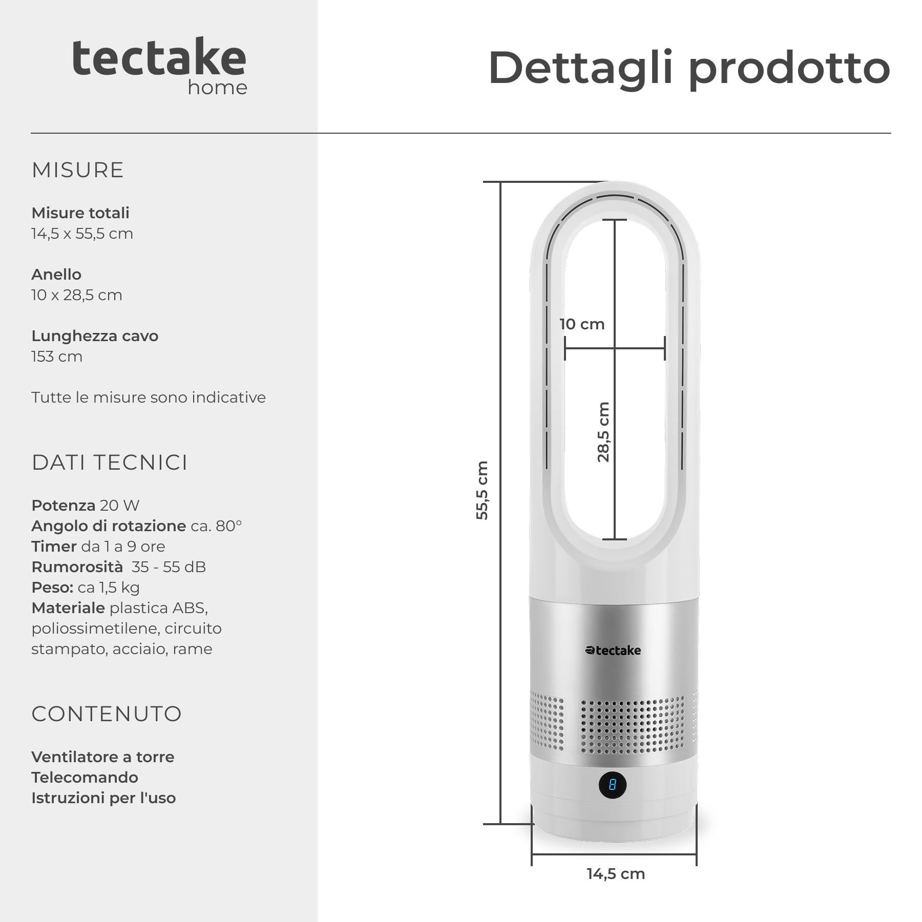 tectake® Ventilatore a Torre Silenzioso, Ventilatore Portatile a Piantana Senza Pale, 8 Velocità, Oscillazione 80°, Timer Regolabile, Pannello Touch LED, Telecomando, Per Casa e Ufficio - Bianco