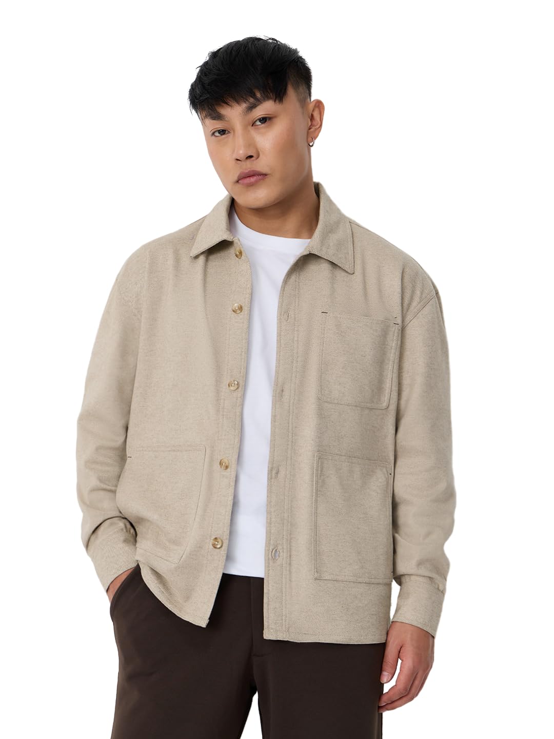 Flannel Shacket: Ivory Men and Boys Full Sleeves Spread Collar Beige Solid Polyester Regular Fit Casual Lightweight Streetwear Everyday Winter Shackets-image-36
