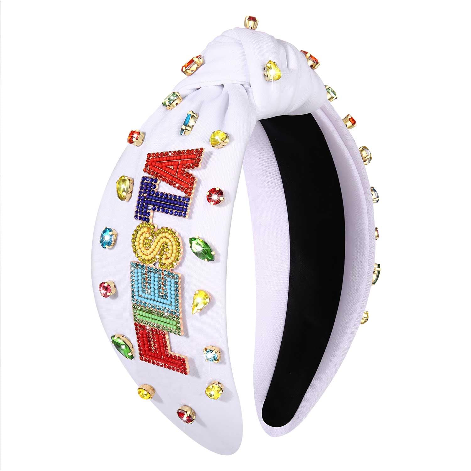 mokkia Mexican Headbands Cinco De Mayo Headband for Women Colorful Pinata Knotted Headband White Pink Rhinestone Crystal Jeweled Wide Top Knot