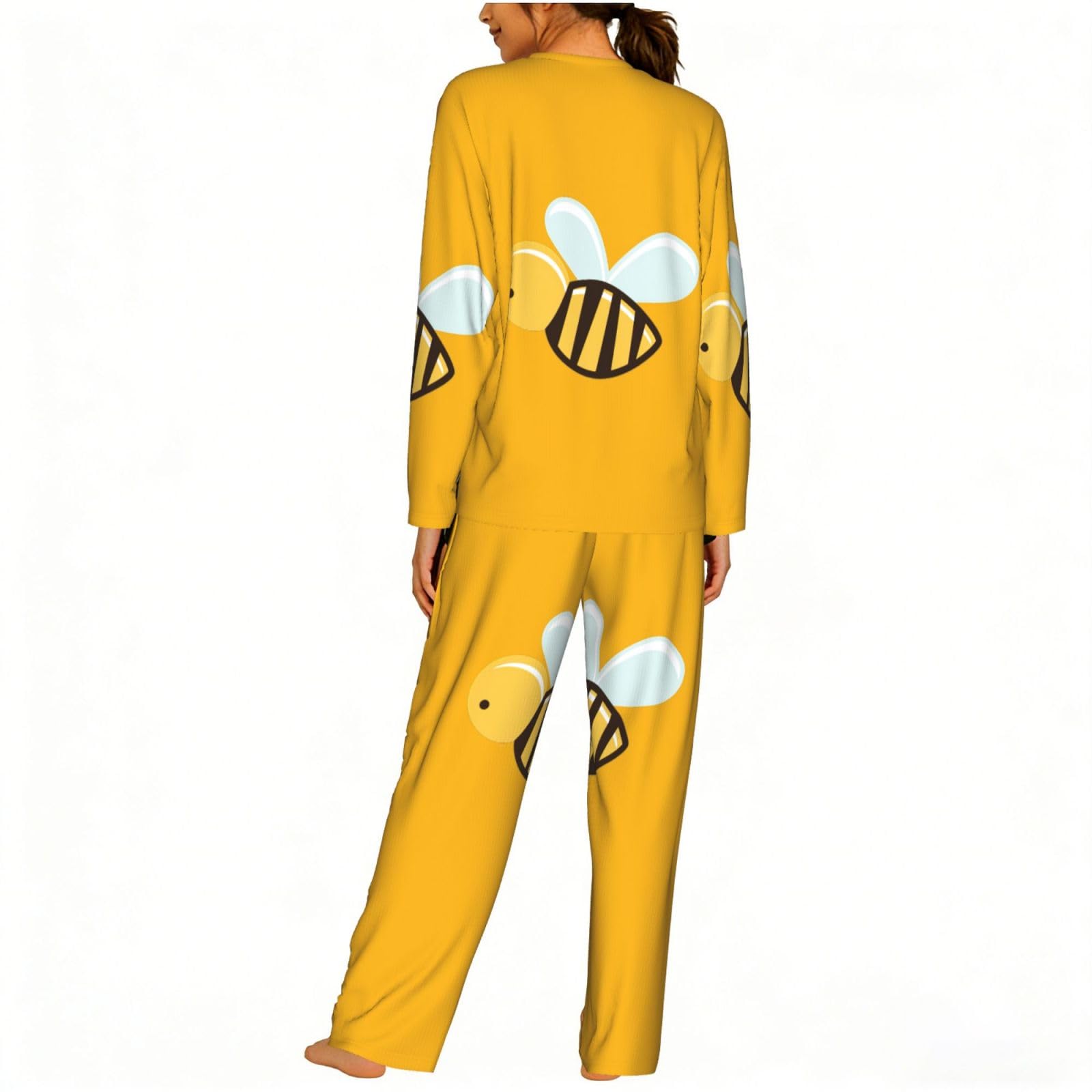 Pigiama da donna a maniche lunghe con stampa di api dei cartoni animati Set pigiama per la casa relax quotidiano Comfort Nightwear