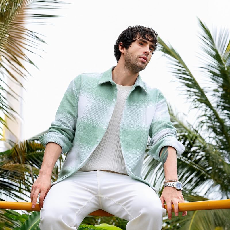Image of CAHOOT Men Shirt | Spread Collar, Long Single-Button Cuff Sleeves | Button, Straight Hem | Plaid Twill | Woven Fabric for Casual Light Pistachio:Cream White