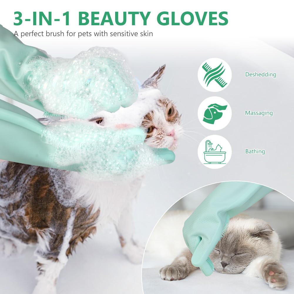 AMFUN Guanti da Toelettatura per Animali Domestici, Guanto per Gatti Cani, Guanti da Bagno in Morbido Silicone con Spazzola A Setole Morbide per Cani Gatti Coniglio
