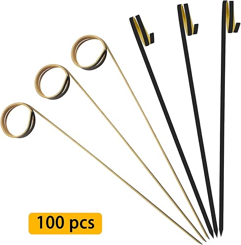 Miniatura 3 de BLUE TOP Púas de cóctel de bambú, 100 brochetas de bambú negro de 4 pulgadas con anillo de bucle, palillos de alimentos, palillos de dientes de