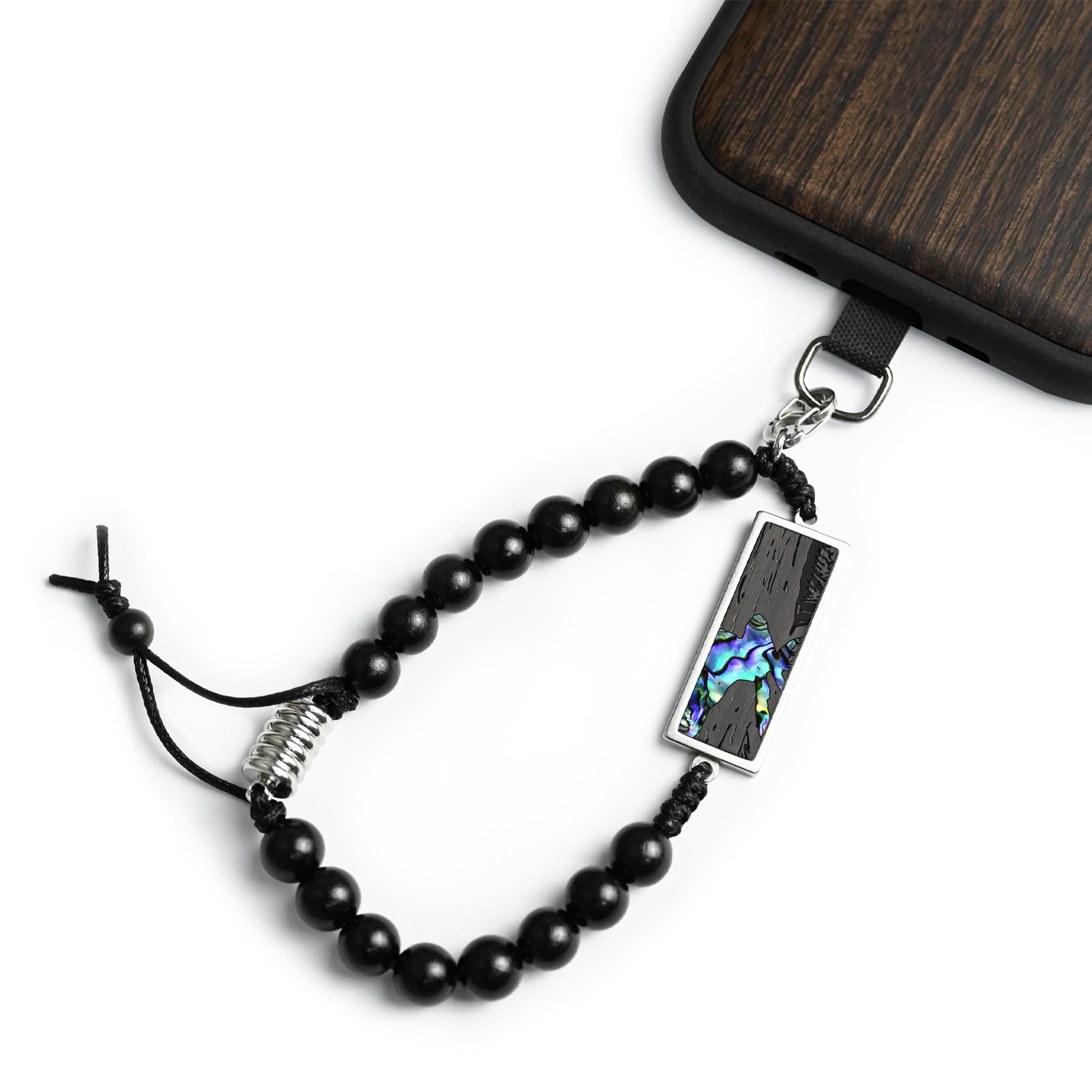 Carveit Wood Phone Lanyard, Artisanal Shell Inlaid Wristlet [Bar-Alaskan Wilderness], Multipurpose Wooden Strap, Aesthetic Handcrafted Phone Accessory [7.5 Inch Small] - Onyx Alaskan Wilderness-onyx 7.5" (Fits 6.0"-6.5" Wrist)