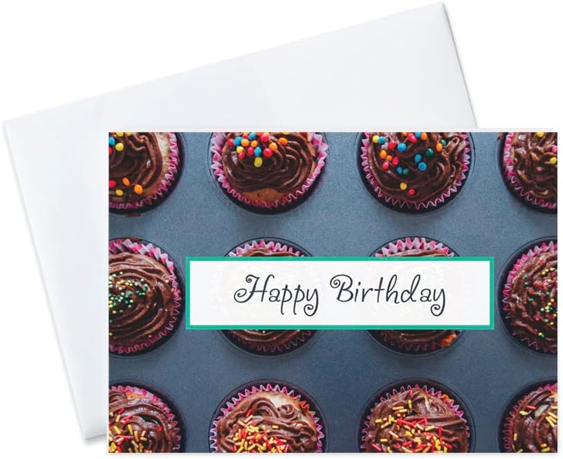 CEO Cards - Birthday Greeting Cards (Colorful Cupcakes), 5x7 Inches, 25 Cards & 26 White Envelopes (B1601)