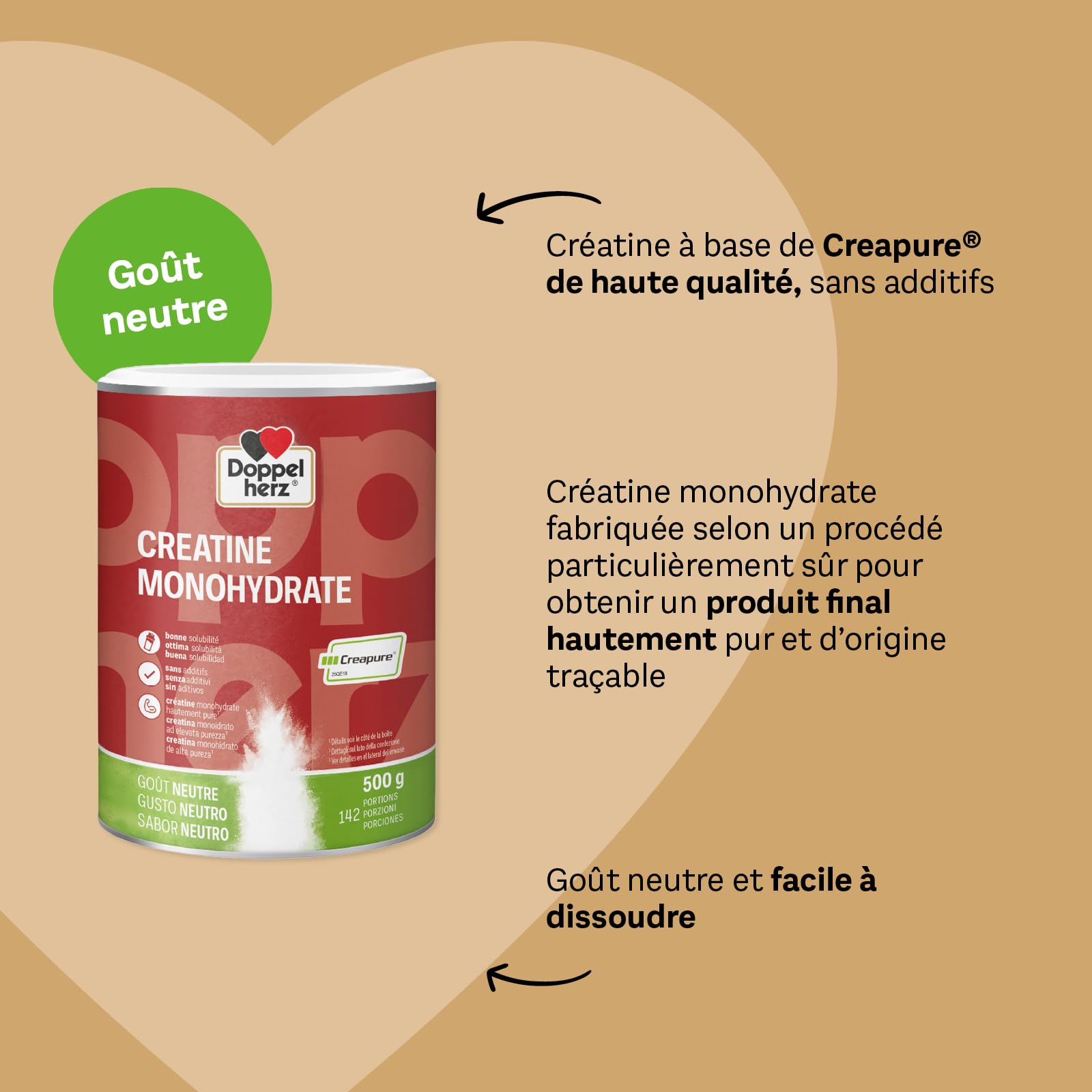Doppelherz Créatine Monohydrate, Créapure, Récupération musculaire, 500 g | Complément alimentaire, Créatine en poudre, Performance et récupération musculaire, À dissoudre, Goût neutre, Sans additif