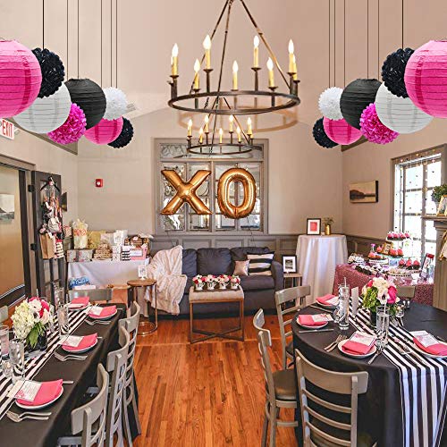 Image of KAXIXI 15-Piece Pink and Black Party Decorations, Paper Pom Poms & Lanterns