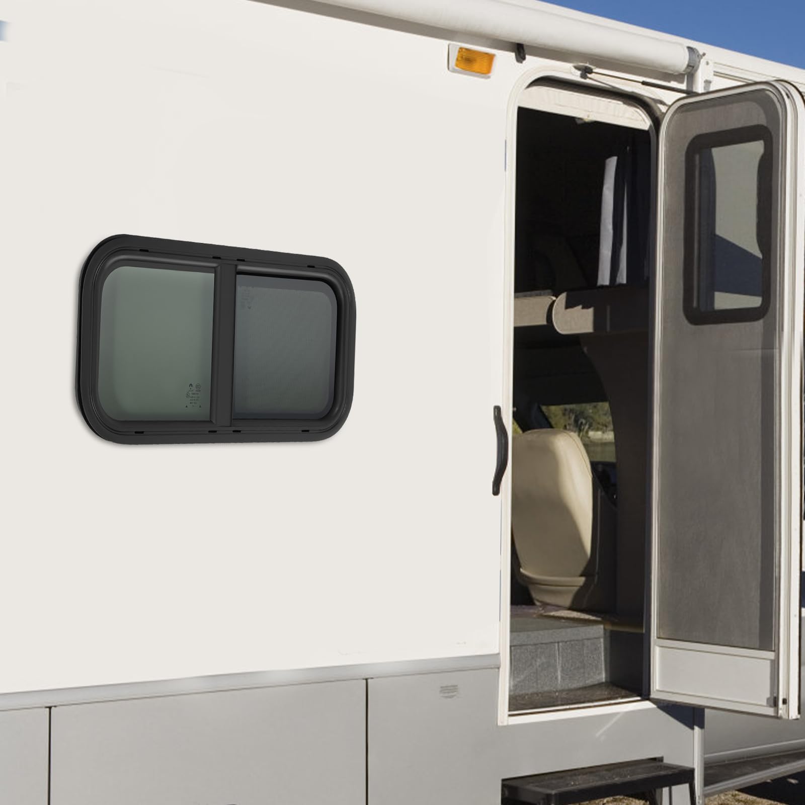 Ventana de caravana de 700 x 400 mm, para caravanas, con red de protección contra insectos, color negro, para autocaravanas, remolques y camionetas, instalación de sujeción para 46-60 mm de grosor