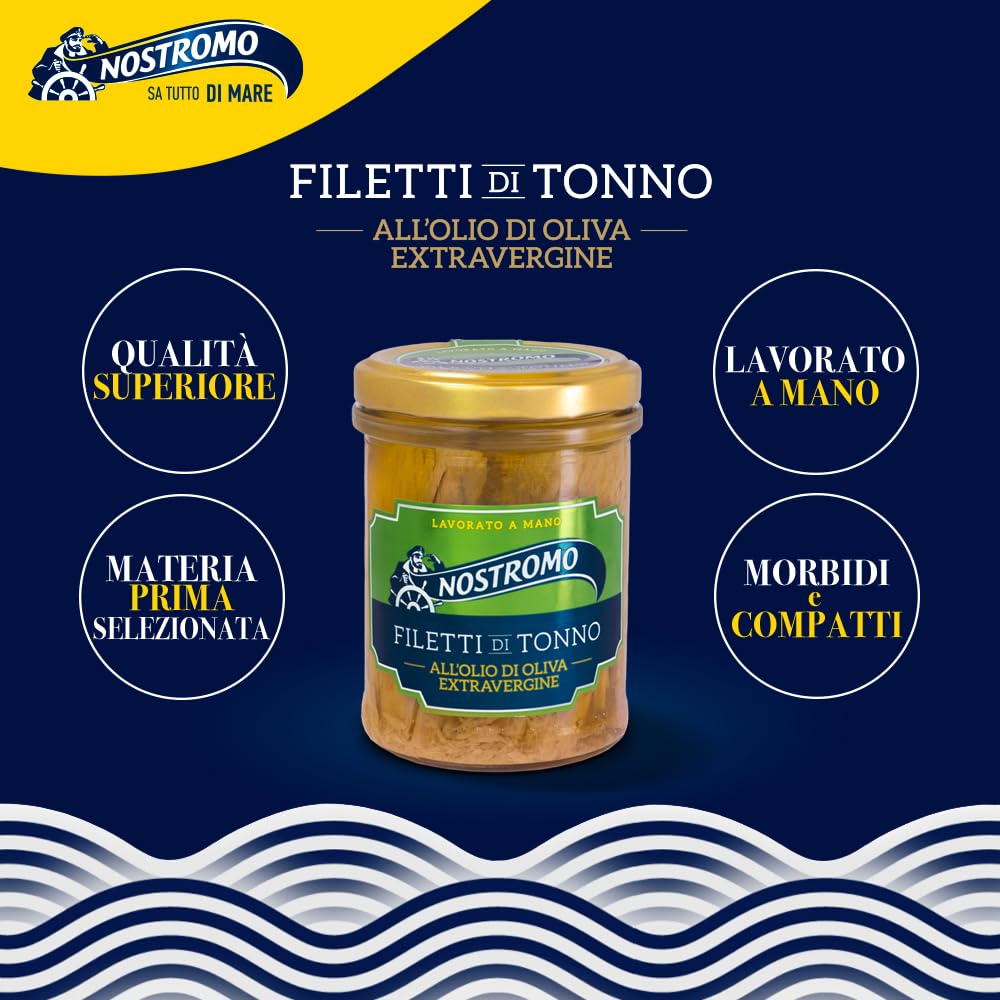 Nostromo Filetti di Tonno all’Olio Extravergine di Oliva 180g – 6 Vasetti, Qualità Superiore, Lavorati a Mano – Fonte di Omega 3, Gusto Premium