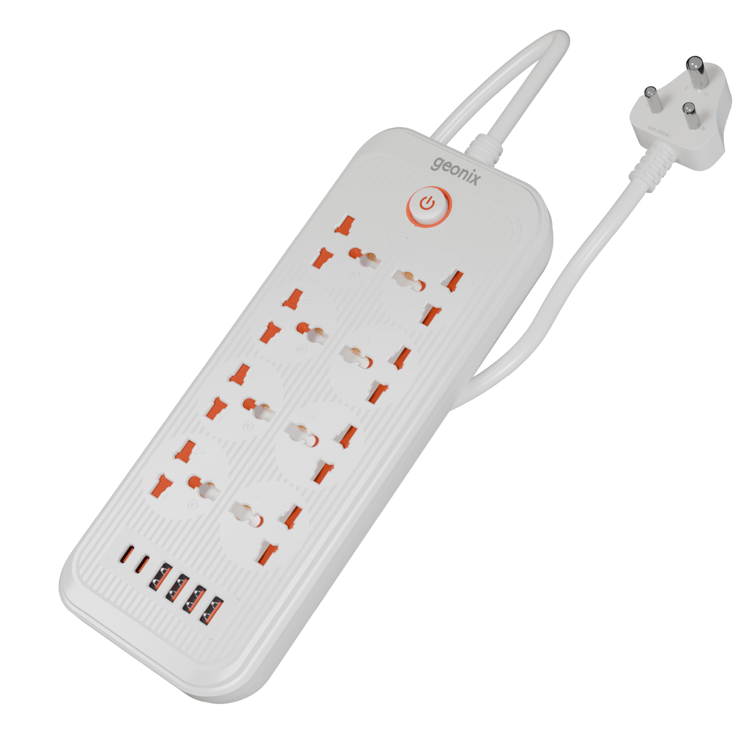 Geonix PowerSpan U8 | Power Strip with 8 Universal Sockets, 2500W Max., 4 USB Ports, 2 C-Type Port, 10 Amps, 3 Mtr Copper Cable, Overload Surge Protection, Durable Abs Body, 250 Volts (White)-image-48