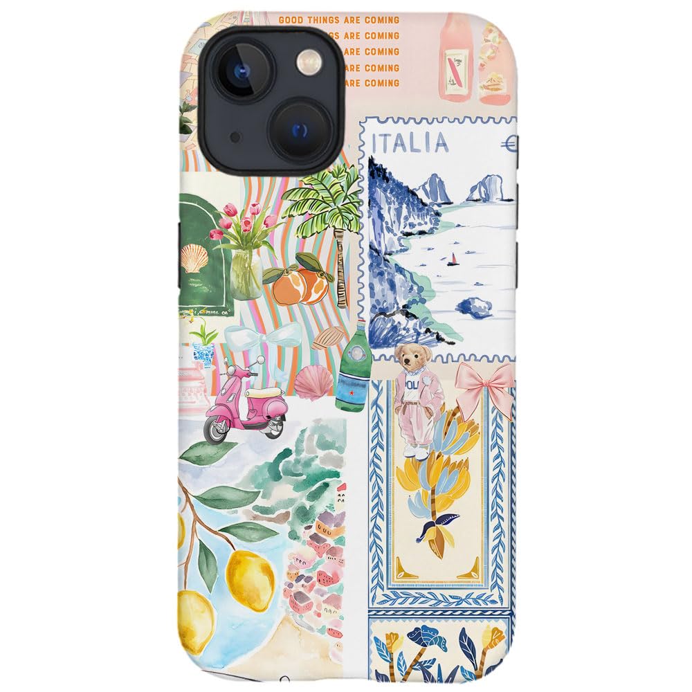 Coque pour iPhone 15, coque de téléphone avec collage de timbres côtiers italiens, coque de téléphone tendance en silicone givré, coque antichoc pour fille et femme