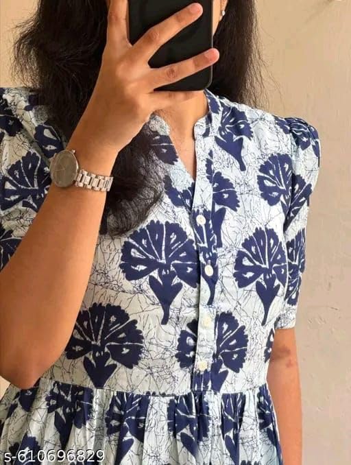 Image of Women's Rayon A-Line Midi Dress, Floral Print, Short Sleeves, Round Neck, Tiered Design
