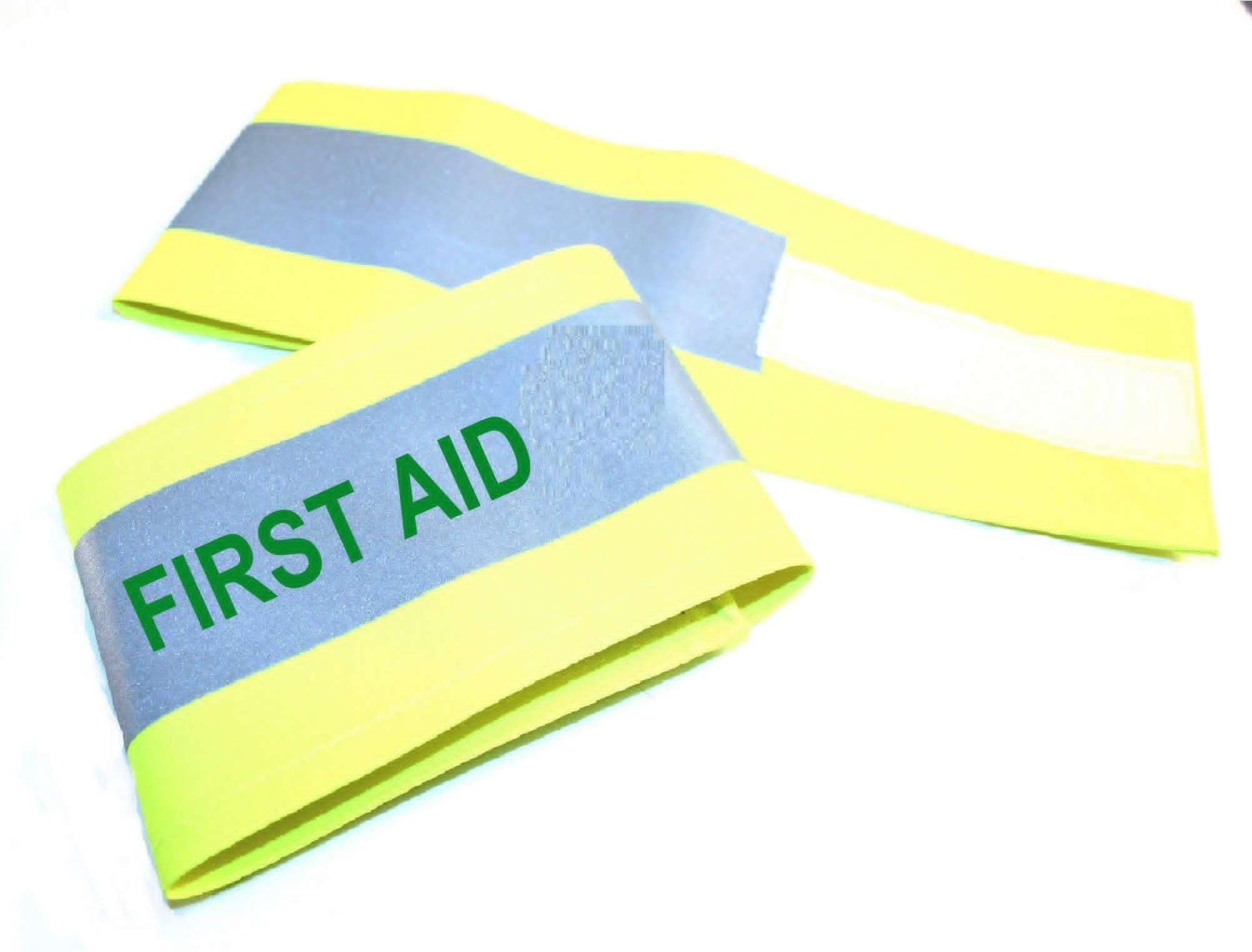 5 x Armband Yellow Hi Viz Vis Reflective Armband Printed FIRST AID in Green 18" x 4"