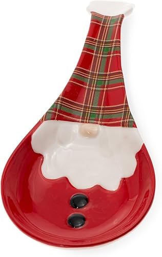 Boston International Soporte de cuchara de cerámica para cocina de Navidad, 4 x 9.5 pulgadas, gnomo de Papá Noel a cuadros Wallace