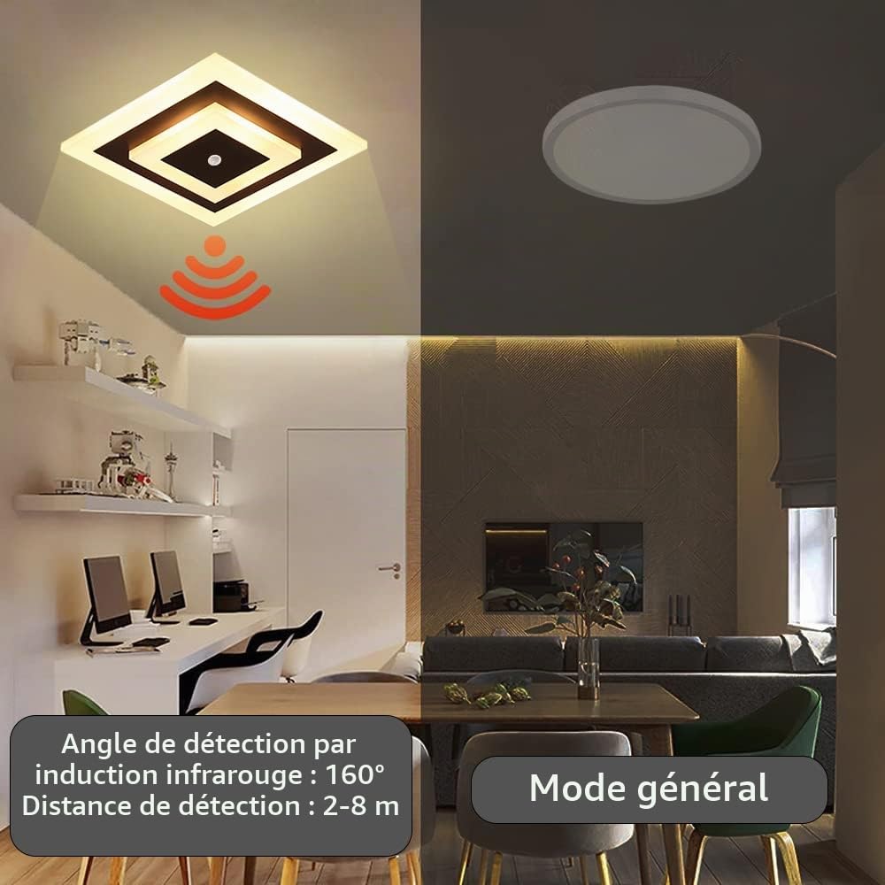 KZT LED Plafonnier avec Détecteur de Mouvement 16W Métal Acrylique Lampe de Plafond 3000K Lumière Chaude Moderne Carré Intérieur Lampe à Détecteur pour Salon Chambre Studio Hôtels Couloirs Balcon