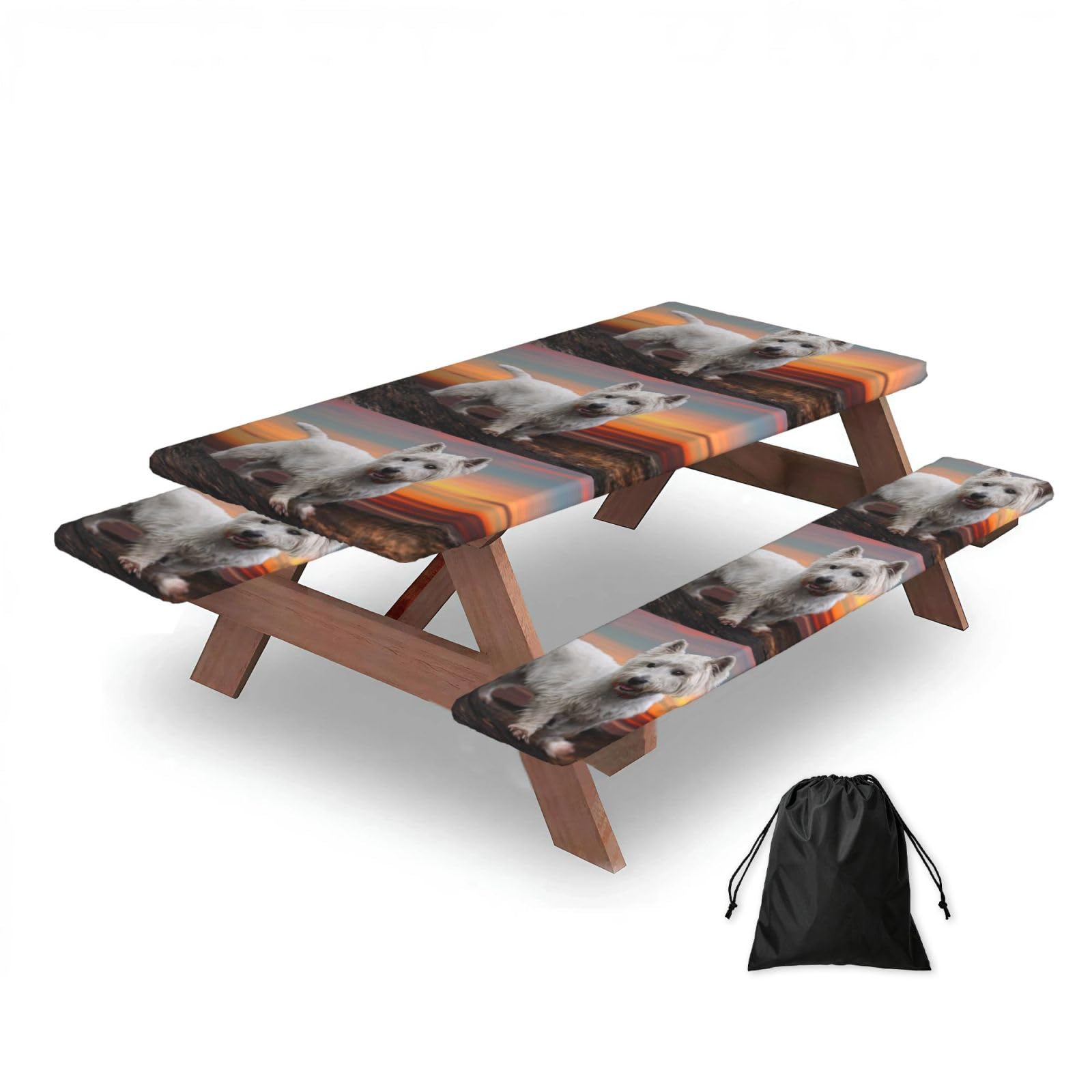 Dopklna As Picture West Highland White Terrier Dogs Mountains White, Picnic Table Cover With Bench Covers -Waterproof Elastic Fitted Tablecloth For Garden Camping Patio 76X152cm