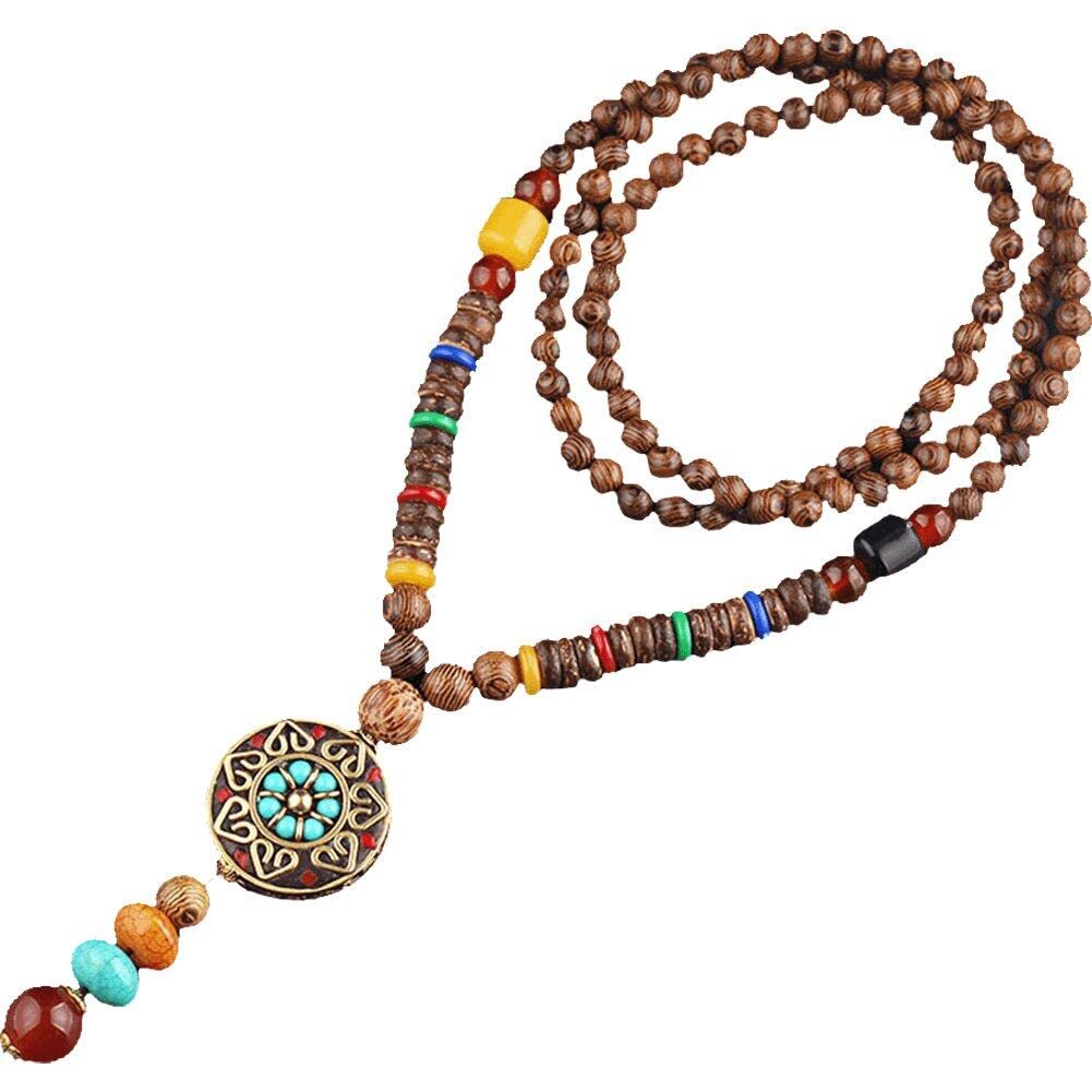 HiyyFloy HiyyFloy Collares De Cuentas De Madera Étnico Vintage Hecho a Mano Nepal Meditación Oración Suéter Collar con Colgante Largo Collar Joyería