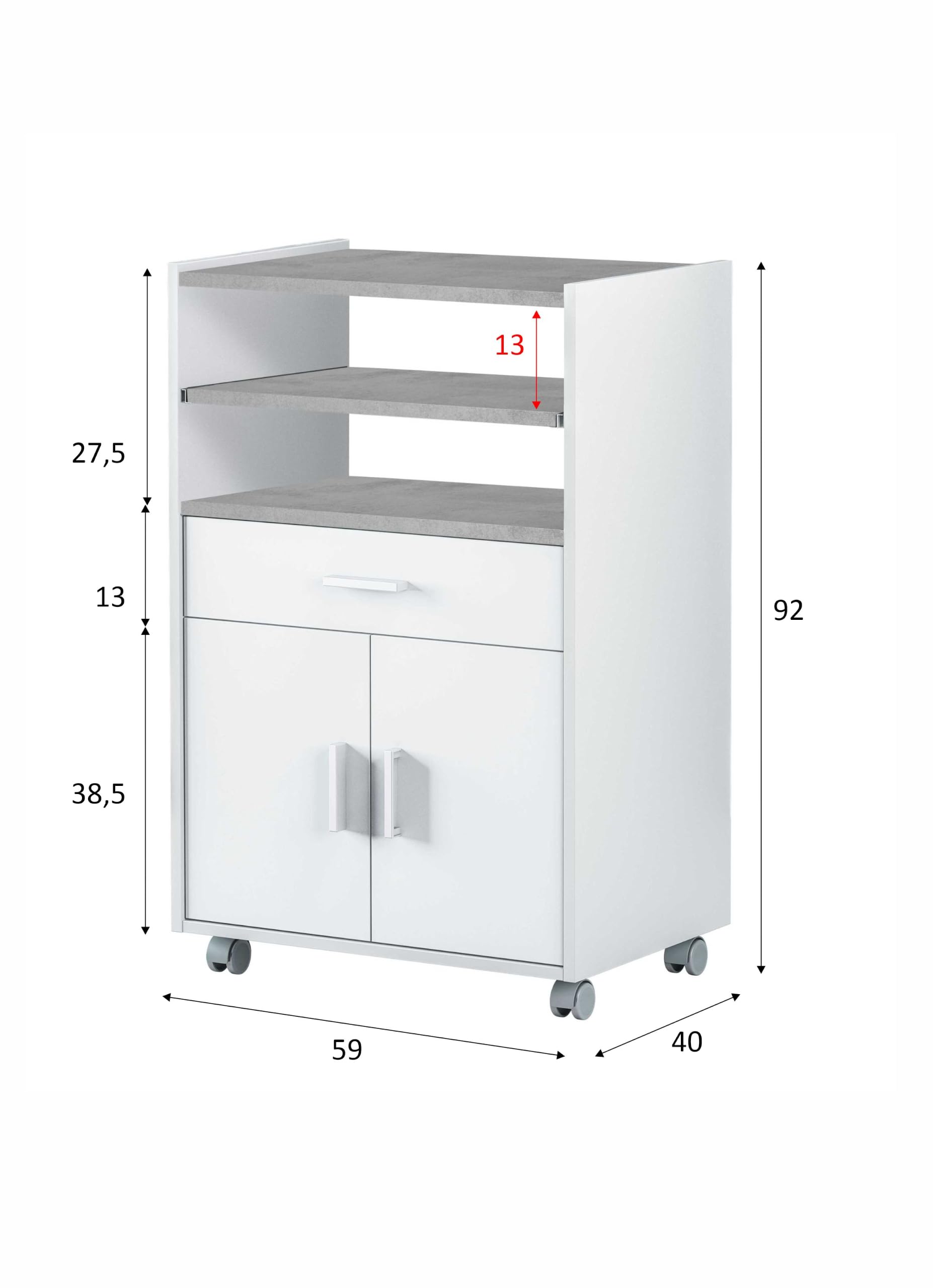 Habitdesign - Mueble Microondas con Ruedas, Carro Auxiliar de Cocina 2 Puertas 1 Cajón - Armario Compacto para Almacenaje - Blanco Artik y Cemento - 59x92x40 cm (AnchoxAltoxFondo) - Modelo Tidy