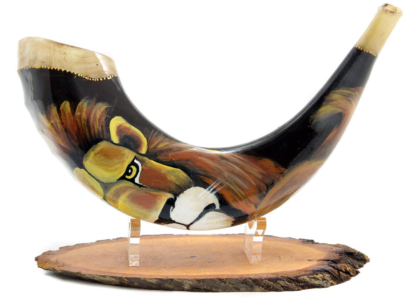 Hand-painted Ram's Horn Shofar Lion Of Judah Design + Wooden Stand With Lucite Support - Professionally Tuned and Tested Shiped from Israel