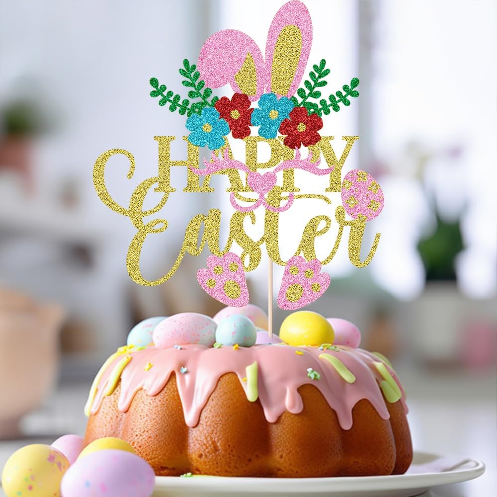 Happy Easter Cake Topper,Bunny ears/carrot cake decoration,Good for Happy Easter Spring Themed Dessert Party Supplies