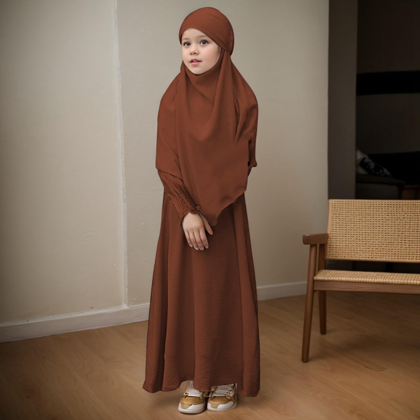 Generisch Abaya Robe unie à volants pour fille - Col rond - Robe caftan avec motif ondulé - Élégante robe de prière
