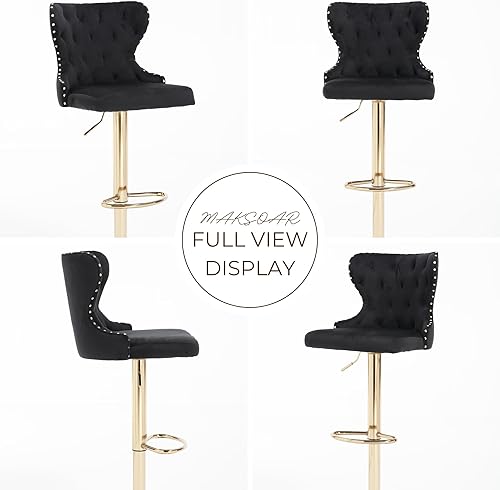 Miniatura 5 de Juego de 2 taburetes de bar giratorios ajustables, sillas tapizadas de terciopelo de altura de mostrador con respaldo alto y ribete de cabeza de