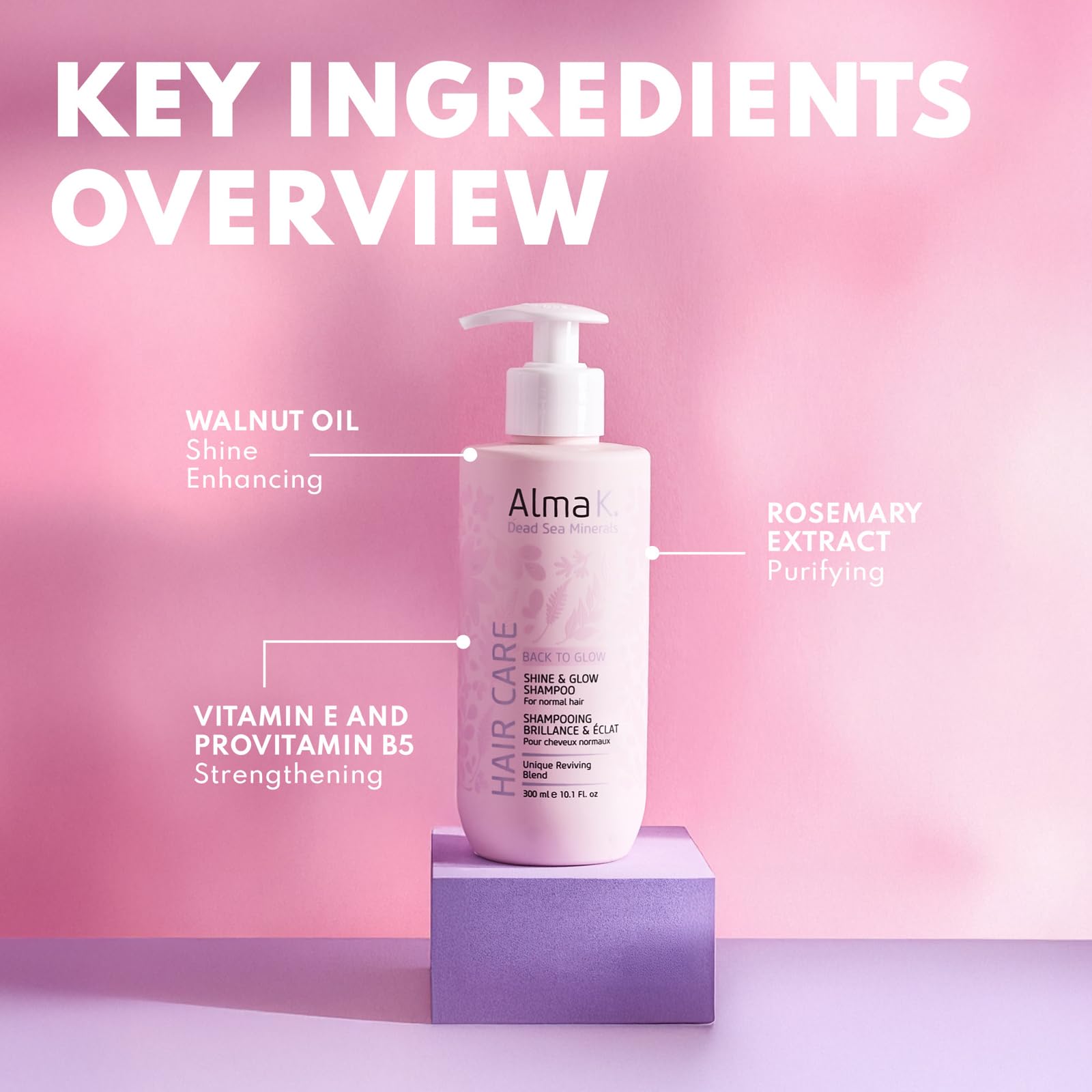 Alma K Champú Shine and Glow - Champú hidratante para mujer - Champú para el crecimiento del cabello - Champú hidratante con aceite de argán, manteca de cacao - 300 ml