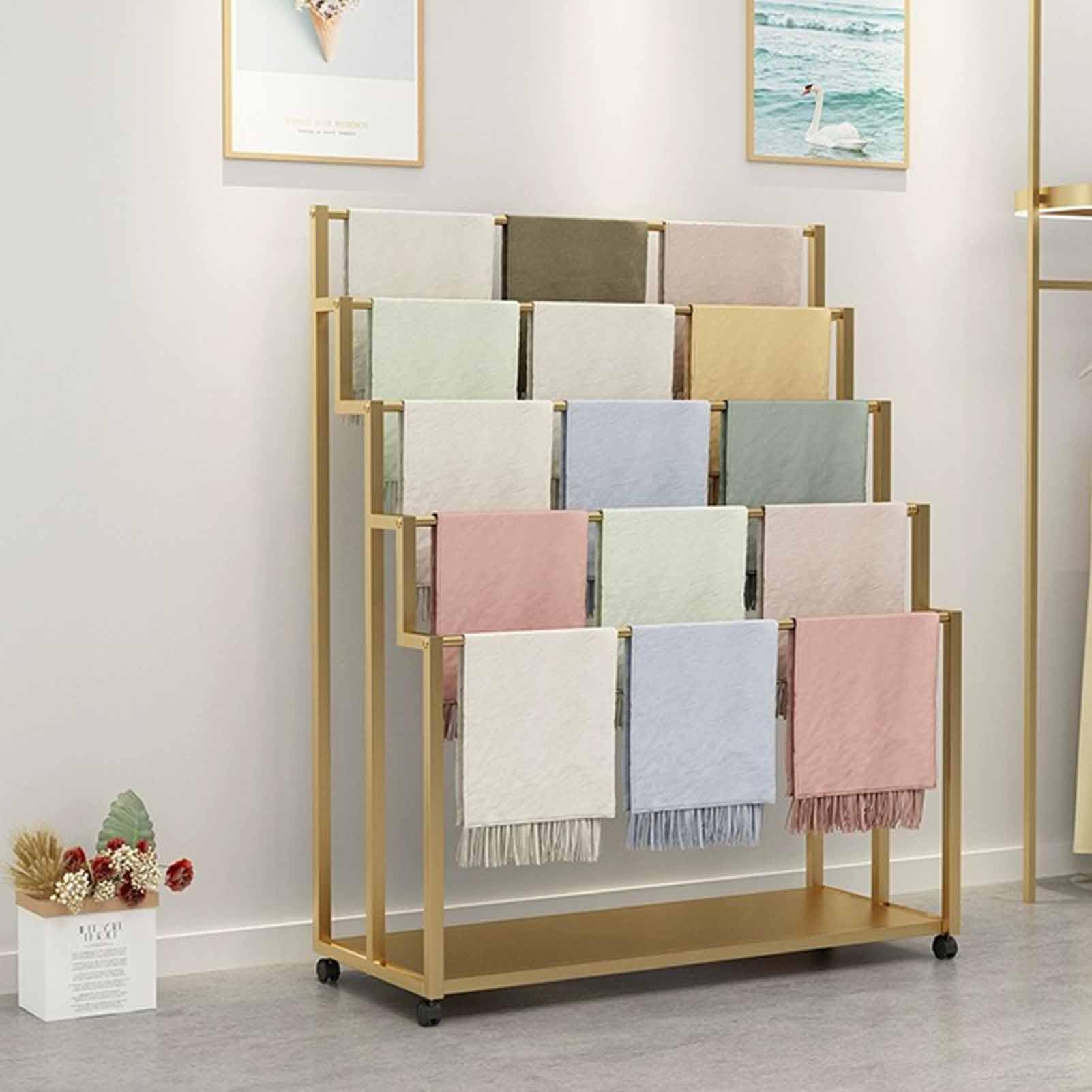 Prettiee 5Layer Gold Metal Scarf Display StandFloor Standing Tie & Hijab nizer for Clothing Stores Retail Boutiques and Towel HoldersVersatile Belt & Pants Hanging Rack (Gold 100 * 40 * 150cm)