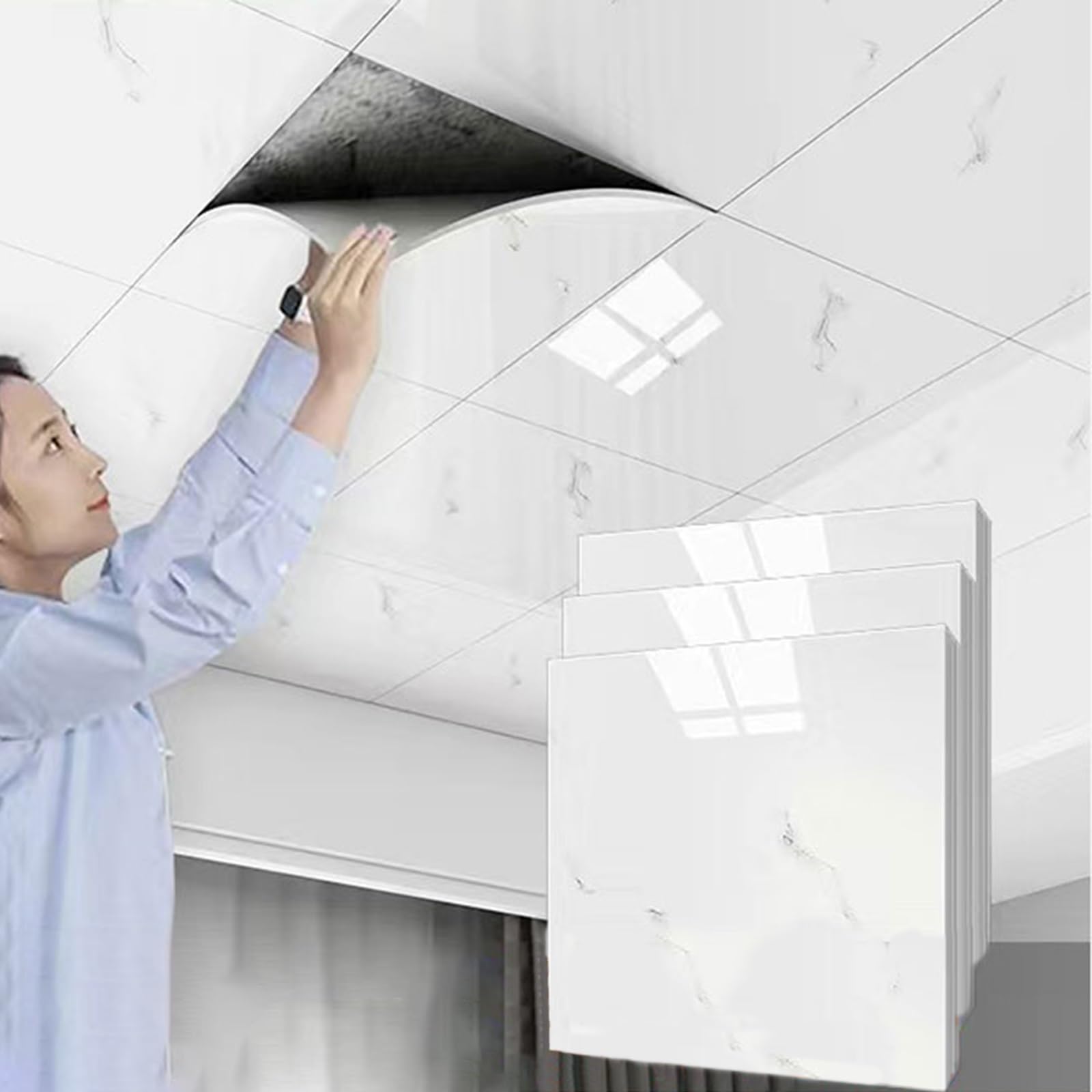 Ceiling Tiles Panels Coving Plastic Ceiling Tiles 300 X 300 White, 5 10 20 30 40 50 Pcs Bathroom Waterproof Wallpaper Tiles for Home Office Decoration, Cutting Panels with Foil Back(B,50 pack)