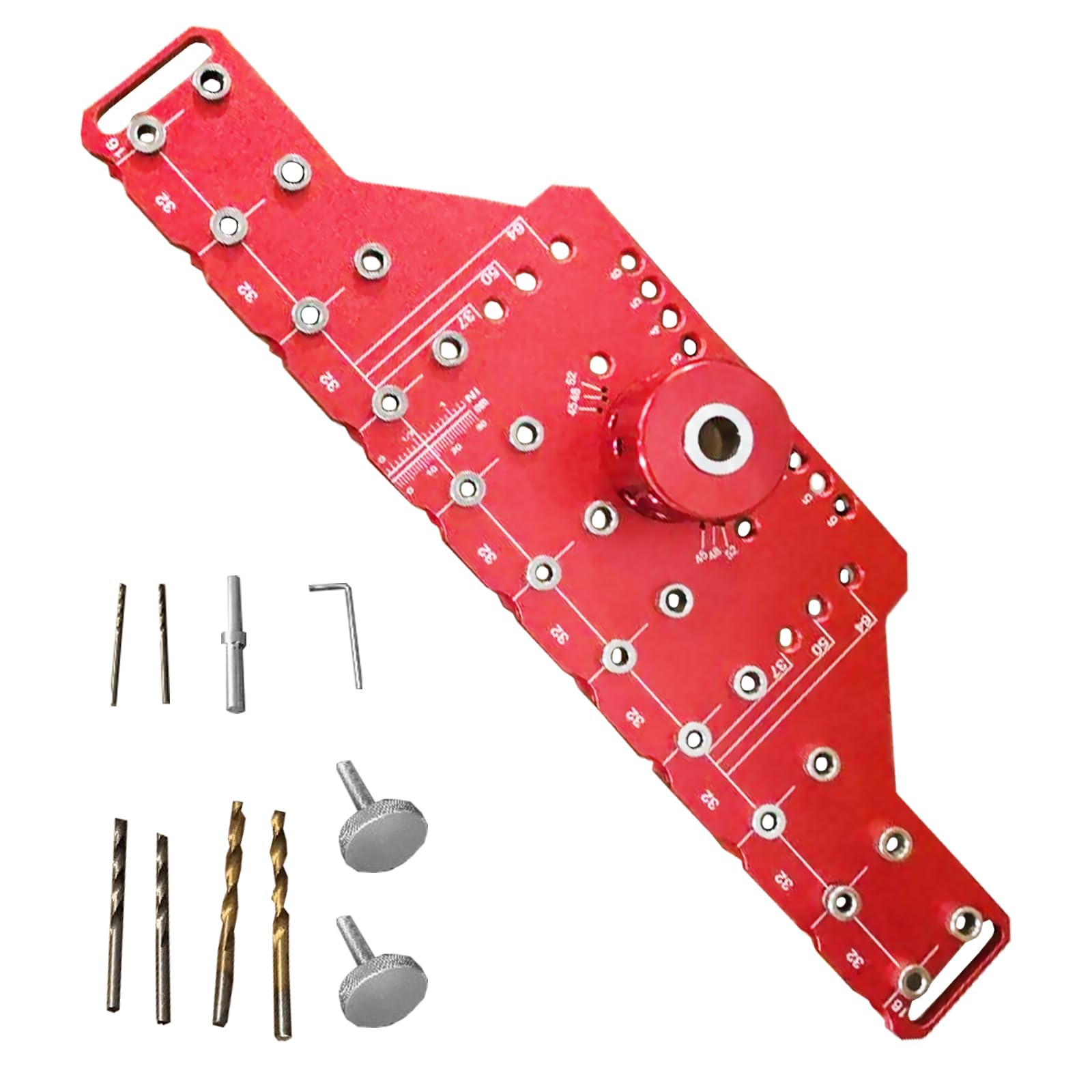Dima di Foratura, Dima per Cerniera per Ante Cucina 2 in 1 in Lega di Alluminio con Dima di Foratura con 11 Fori Jig per Perni per Mensola e Cerniera con Punte da Trapano da 2 mm 5 mm 1/4 di Pollice