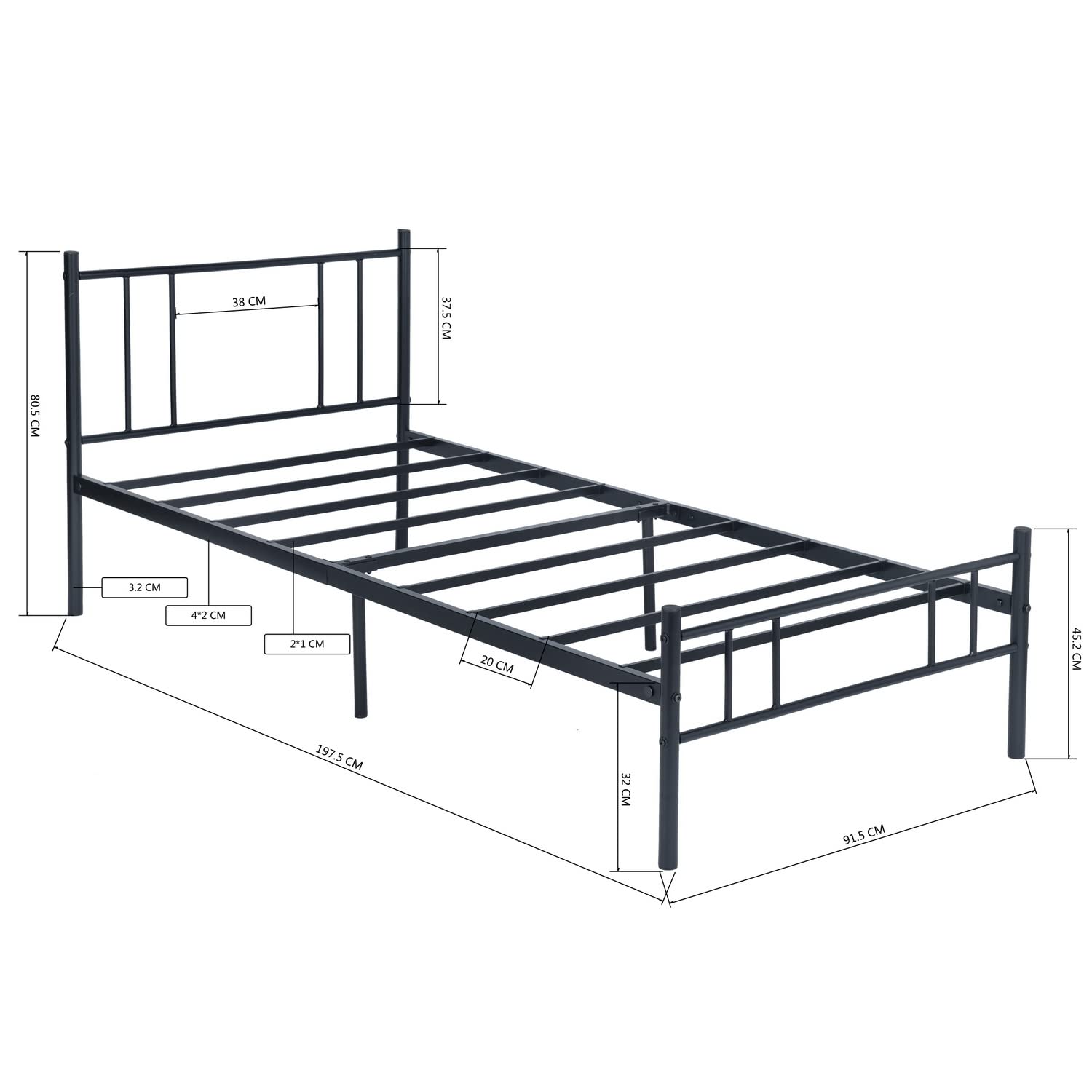Métal Cadre de Lit, 90 x 190 cm, avec Tête et Pied, Lit Une Place, Adapté aux Petits Espaces, pour Adolescent, Enfant, Adulte, Nombreux Rangements sous, Noir