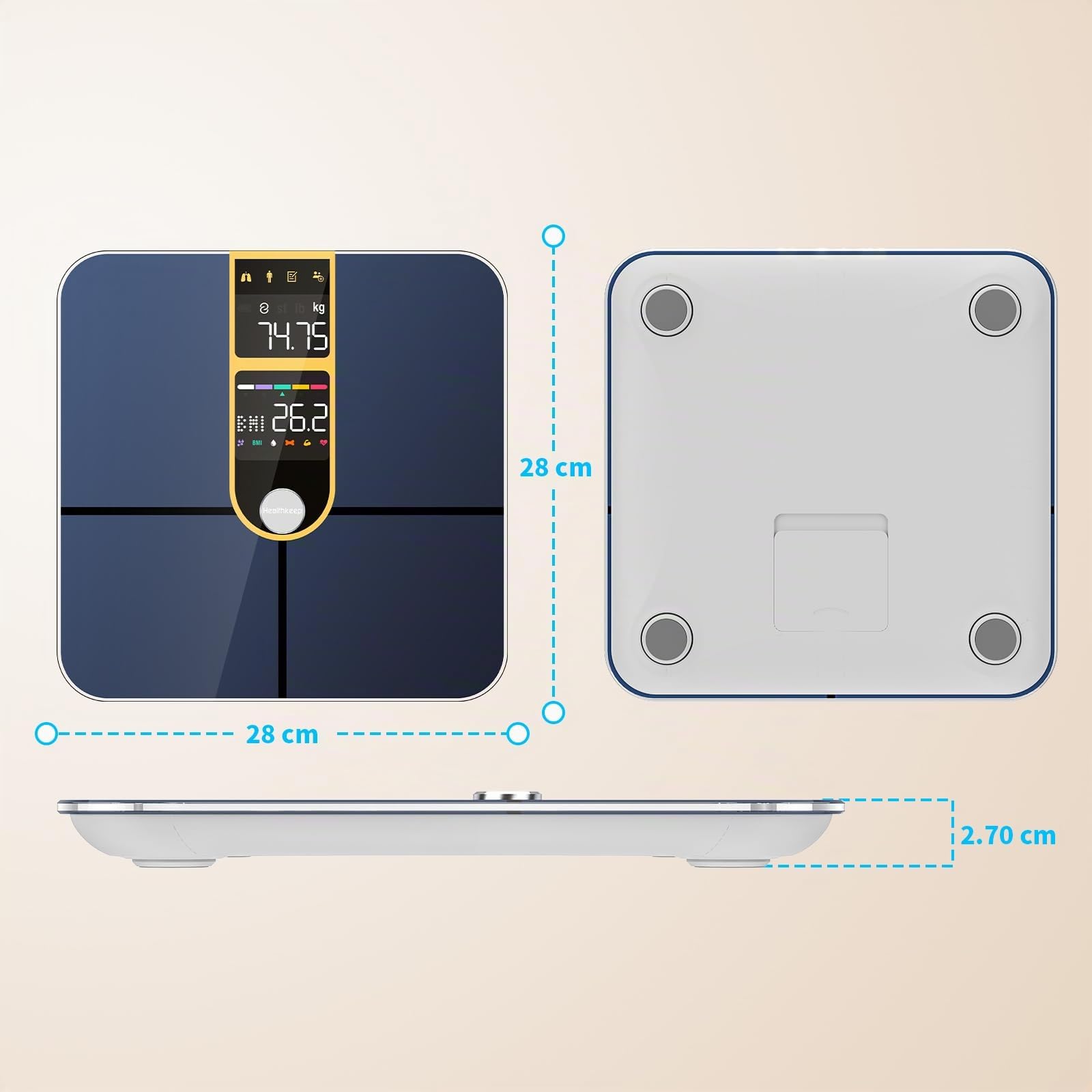 Healthkeep Personenwaage, angeschlossen, Bluetooth, mit 2 VA-Bildschirmen und ITO-Beschichtungstechnologie, 16 Körperdaten mit Herzfrequenz, App, für Android und iOS 180 kg/400 lb, goldfarben