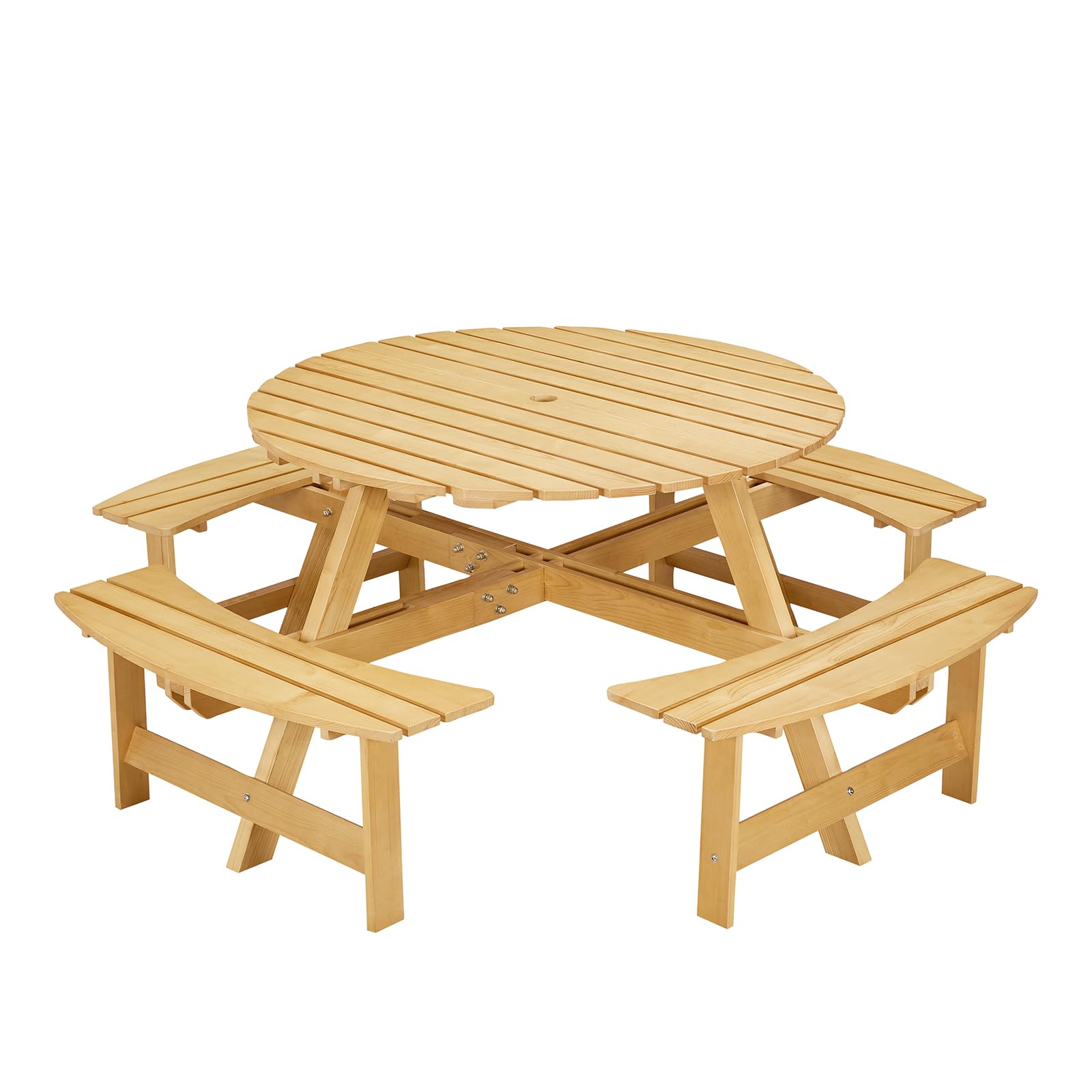 Tavolo da picnic rotondo in legno per 8 persone con 4 panche integrate e foro per ombrellone, per giardino, cortile, portico e patio