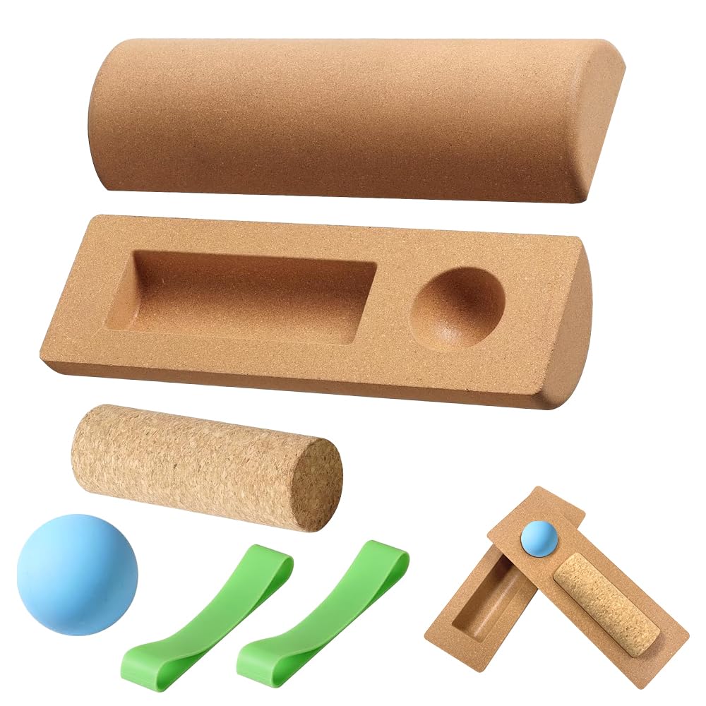 RNPKZ Cork Balance Board for Foot & Ankle 4PCS Foot Strengthener with Wobble Board,Balance Blocks,Massage Ball & Toe Resistance Bands,Ankle BalanceBoard Cork for Foot Function Training,Ankle Stability