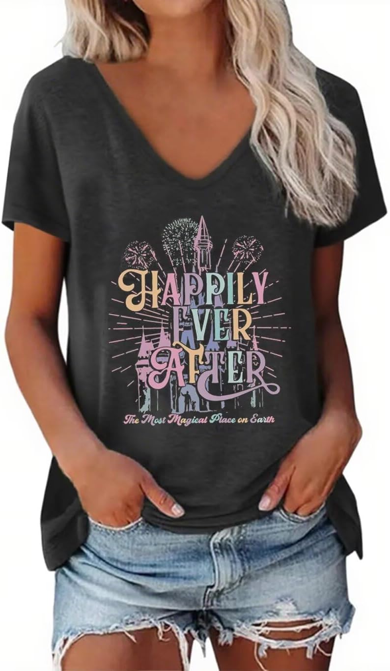 Magical T Shirt Women Believe in Magic Tees Cute Graphic Printed V Neck Tee Family Vacation Trip Short Sleeve Shirt Top