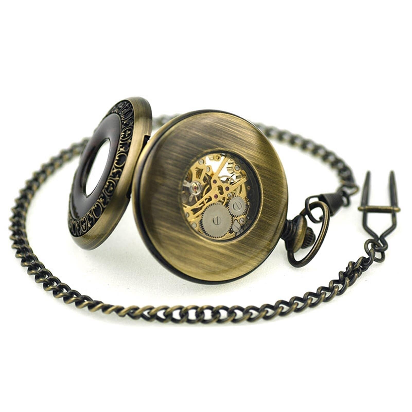 Orologi da Tasca da Uomo con Catena, retrò, Extra Large, con venature del Legno, Orologio da Tasca Meccanico Steampunk Personalizzato, Regalo for la Festa del papà