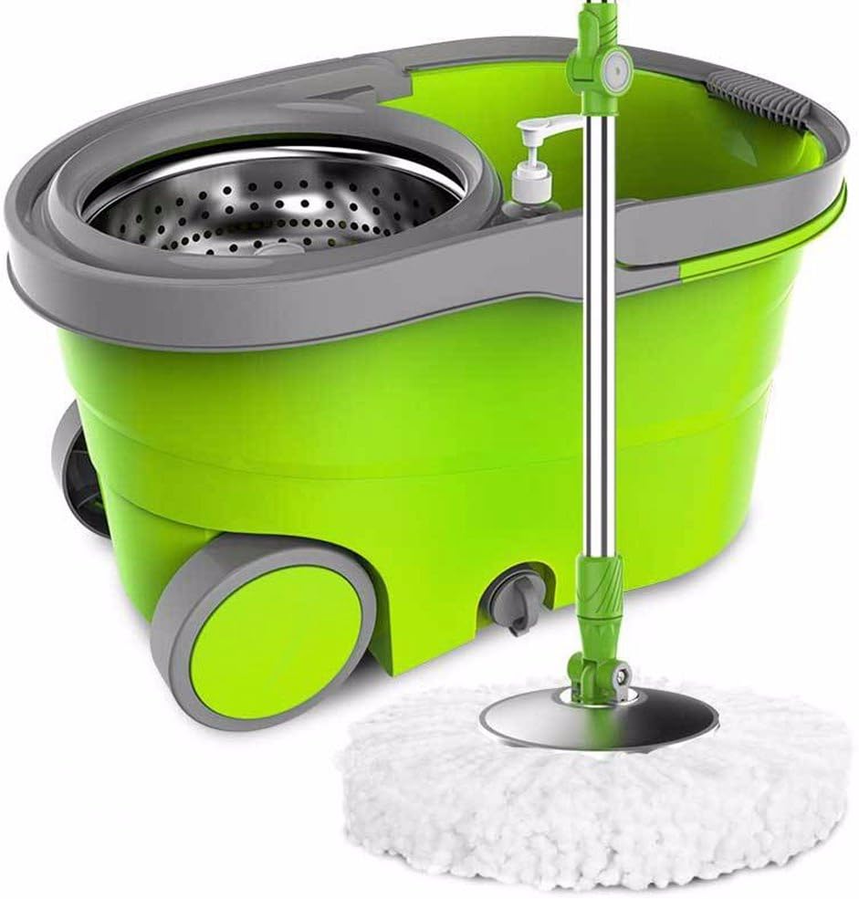 Household cleaning products to strengthen the metal basket rotating mop Mop bucket set lifting rod stainless steel plate convenient lazy mop wet and dry mop,Green