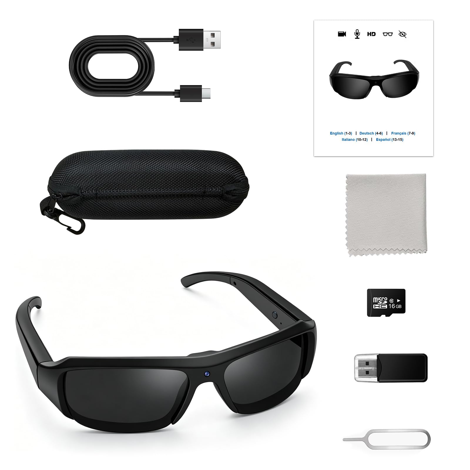 Brille mit Kamera1080P, Mini Action-Cam 16GB Sonnenbrille Polarisiert | 75 Min Aufnahme, Loop-Aufnahme, 256GB MicroSD, IPX5. Ein-Knopf-Bedienung, Für Radfahren Angeln Motorrad