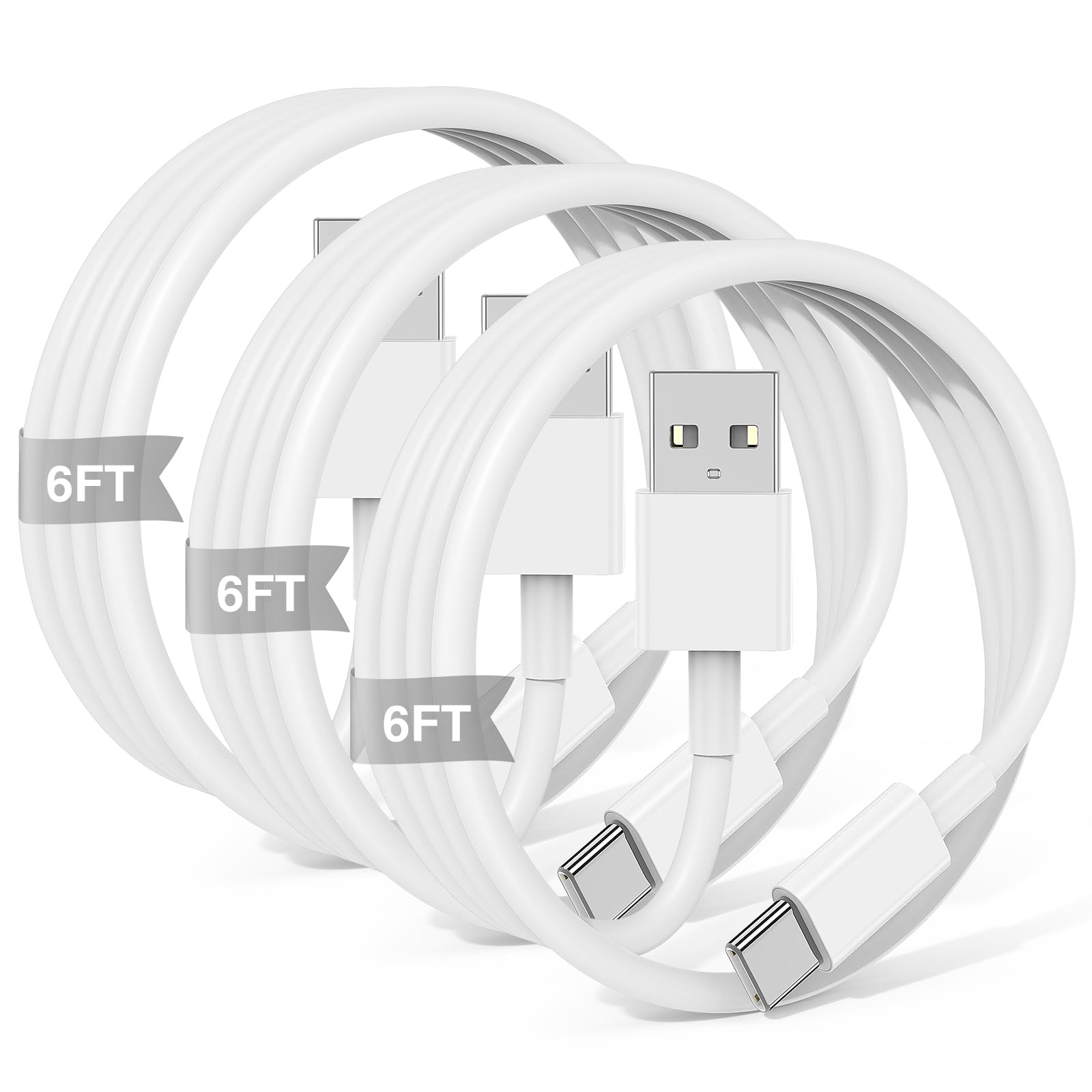 Paquete de 3 cables Carplay de 6 pies USB A a USB C para iPhone 16 15 Pro Plus Pro Max, para iPad Pro/Air/Mini, para Samsung Galaxy S25/S24/S23, MacBook Pro/Air y más