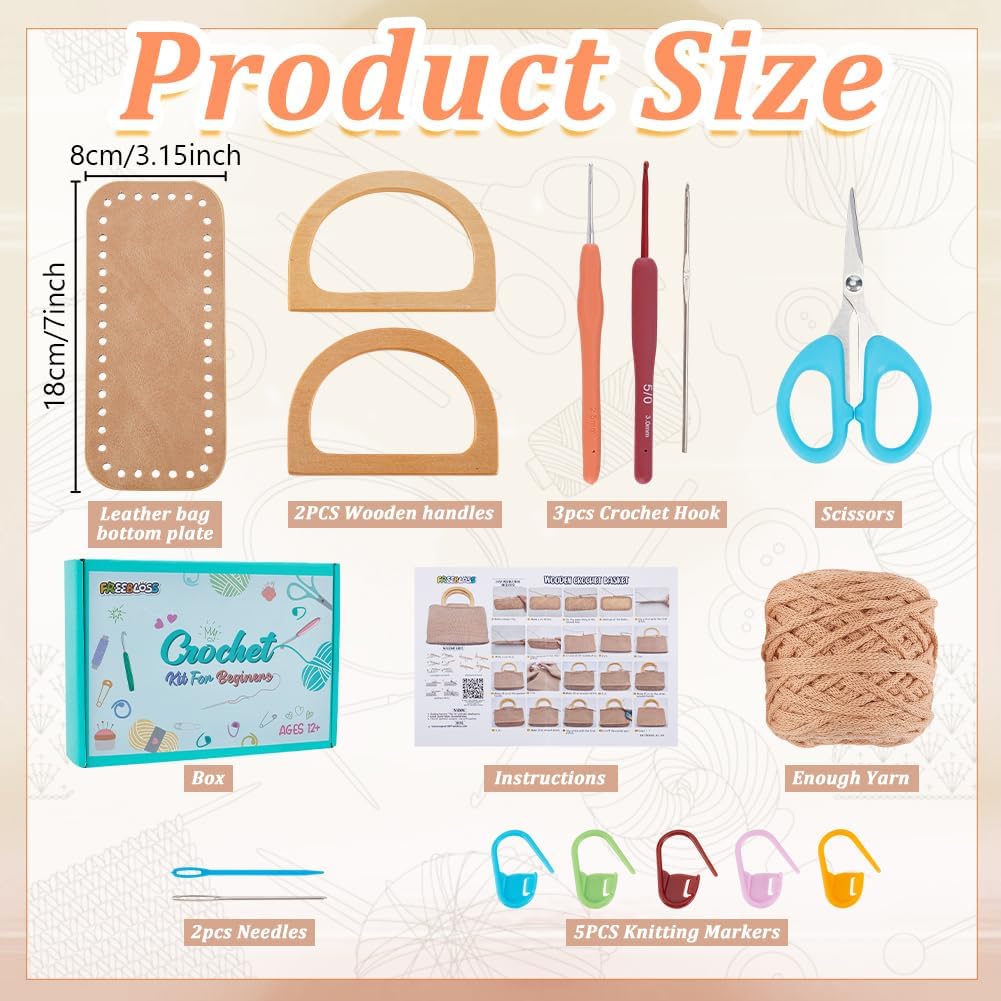 FREEBLOSS Crochet Bag Kit for Beginners Handbag Making Kit Crochet Starter Set with Instruction PU Leather Bottom D Shaped Wooden Handle DIY Handmade Bag with Beige Fluffy Yarn